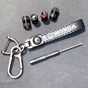 HONDA Black Genuine Leather Keychain w/Ring-holder, Screwdriver & Tire Valves